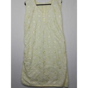 Ao Dai Vietnamese Dress Yellow White Silk Embroidered Flowers Floral Size 40 L